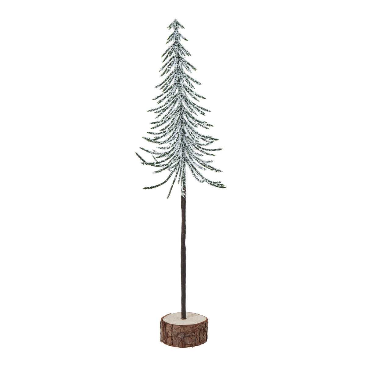 Full view of a slender snowy green tree decoration with downward-swept branches, a long dark trunk and a cylindrical bark-edged base.