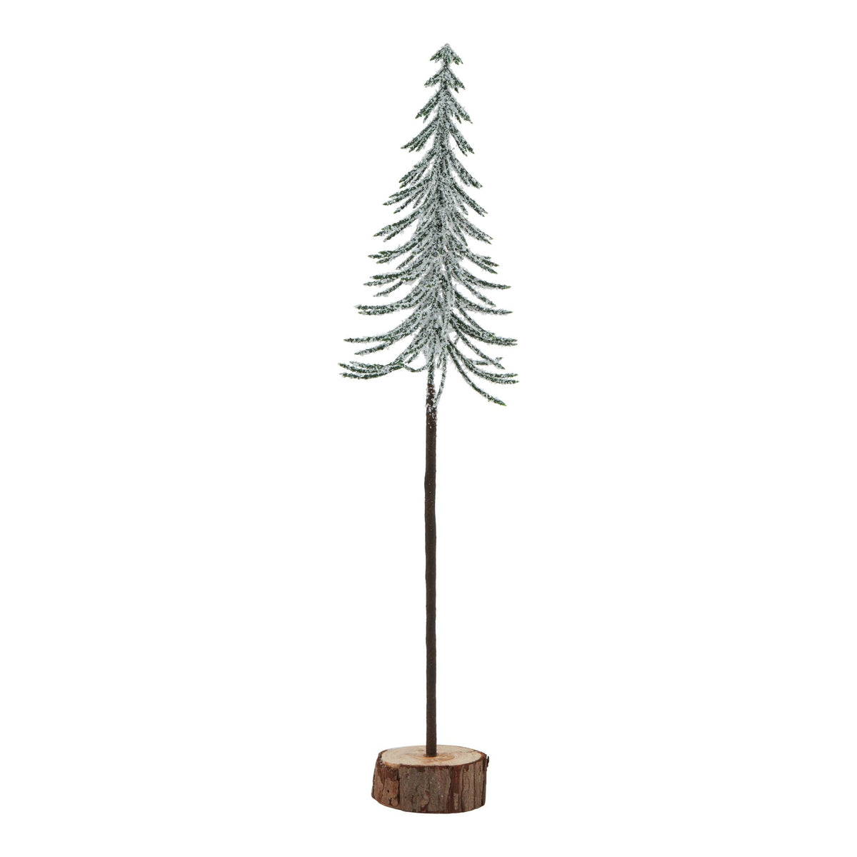 Full view of a narrow snowy green decorative tree with sweeping branches, a long dark trunk and a round bark-edged base.