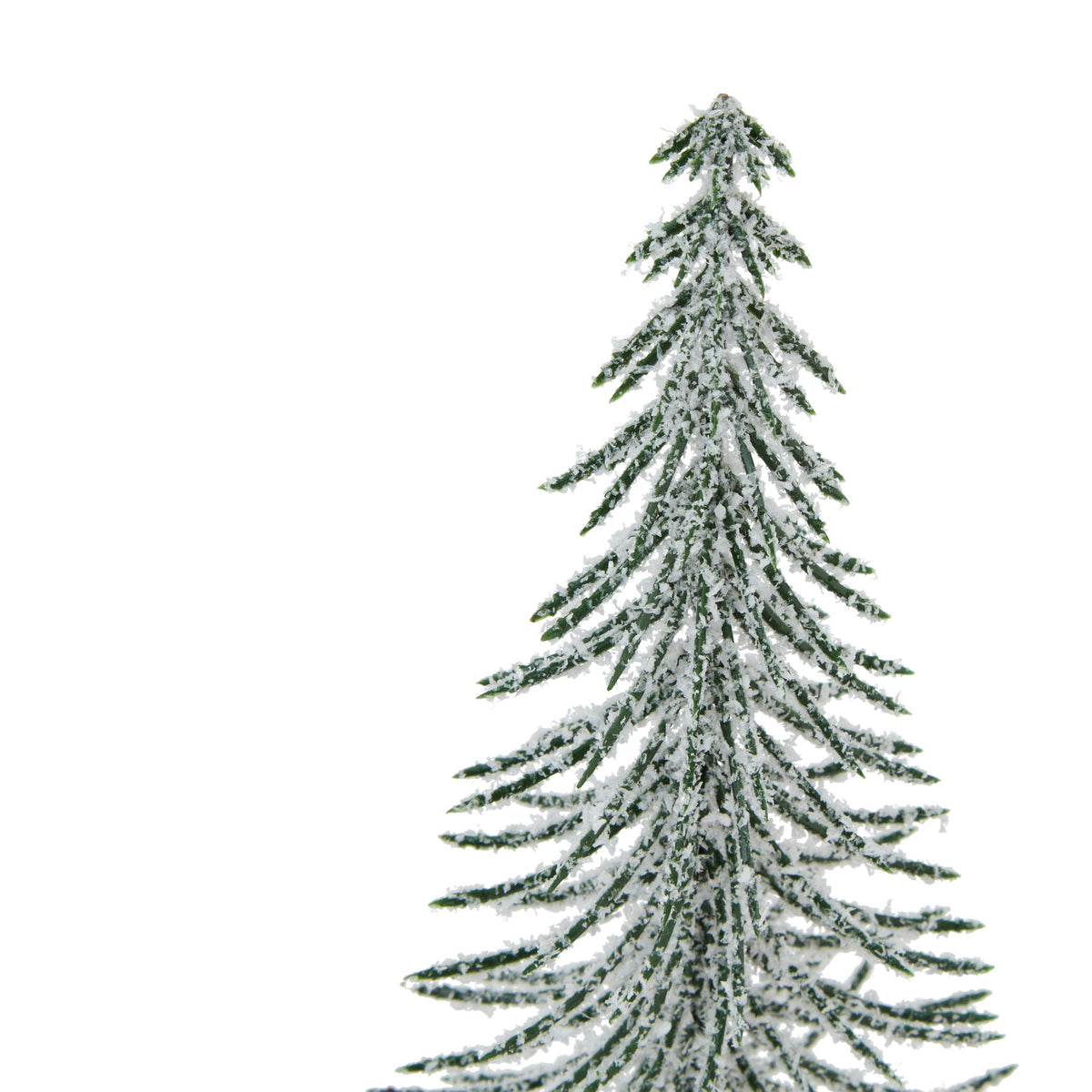 Close-up of the tree's pointed crown and fine downward-curving green branches covered in textured white snow-effect detailing.