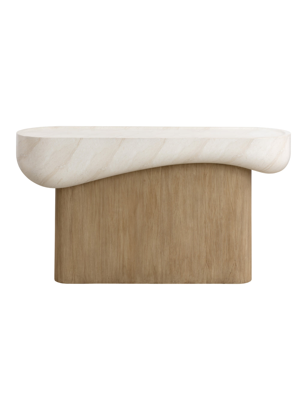 Front view of a console table with a thick cream top, curved lower edge and light-brown pedestal base against white.