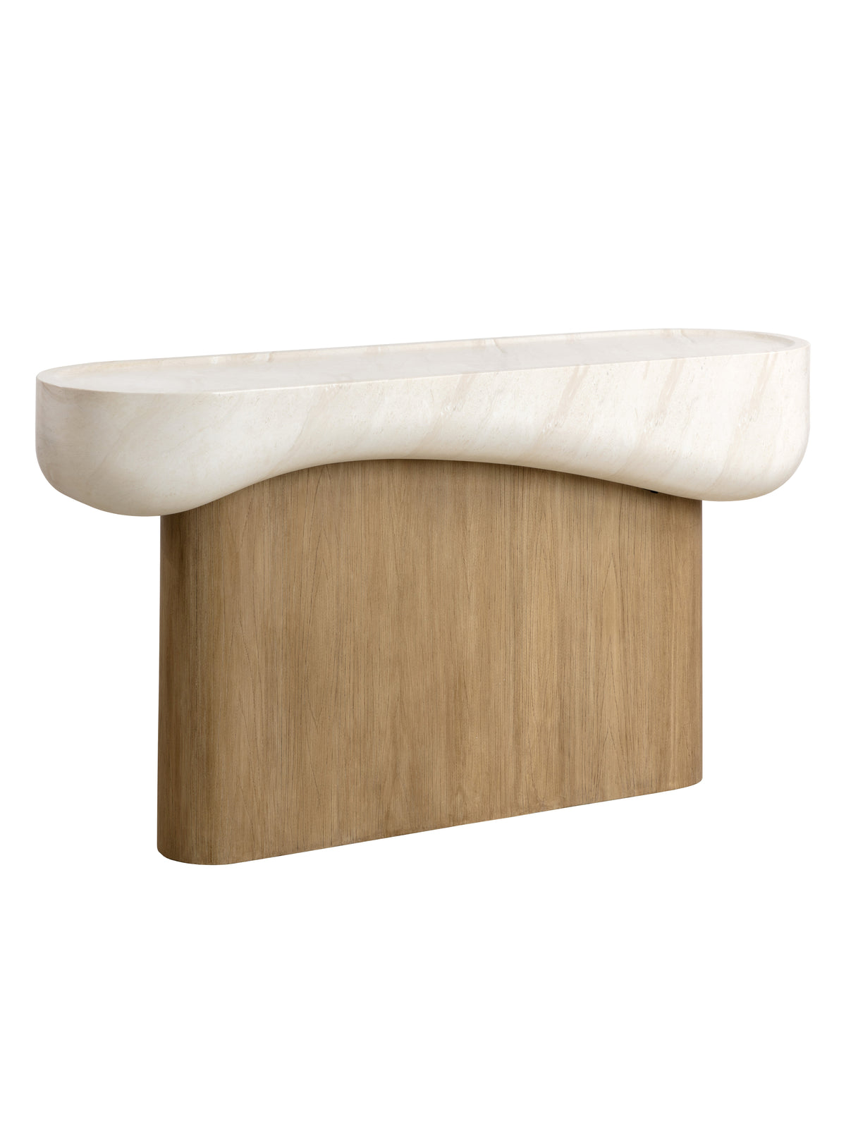 Angled view of the console table showing the rounded cream top and timber-effect grain across the broad base.