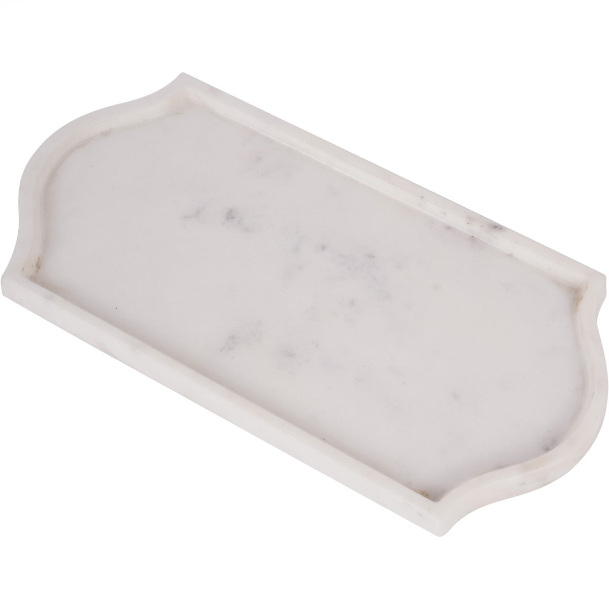 White marble tray viewed diagonally from above, showing subtle grey veining and curved, pointed ends.