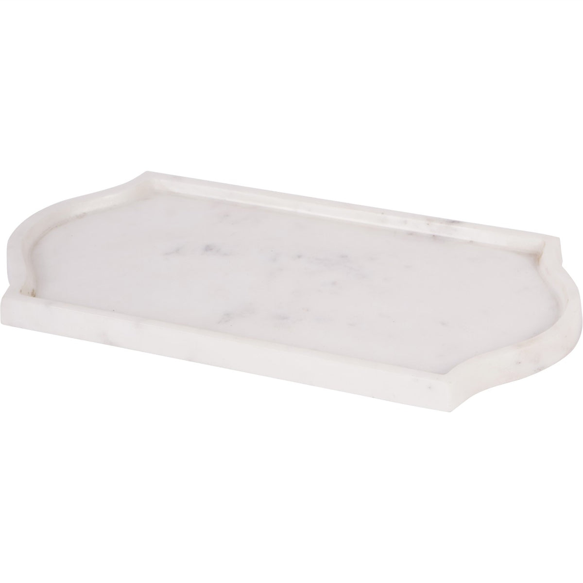 Angled view of the shallow white marble tray, showing its raised rim and shaped ends.