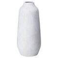 Tall pale vase on a white background, with softly rounded shoulders, a short narrow neck and a faintly mottled surface.