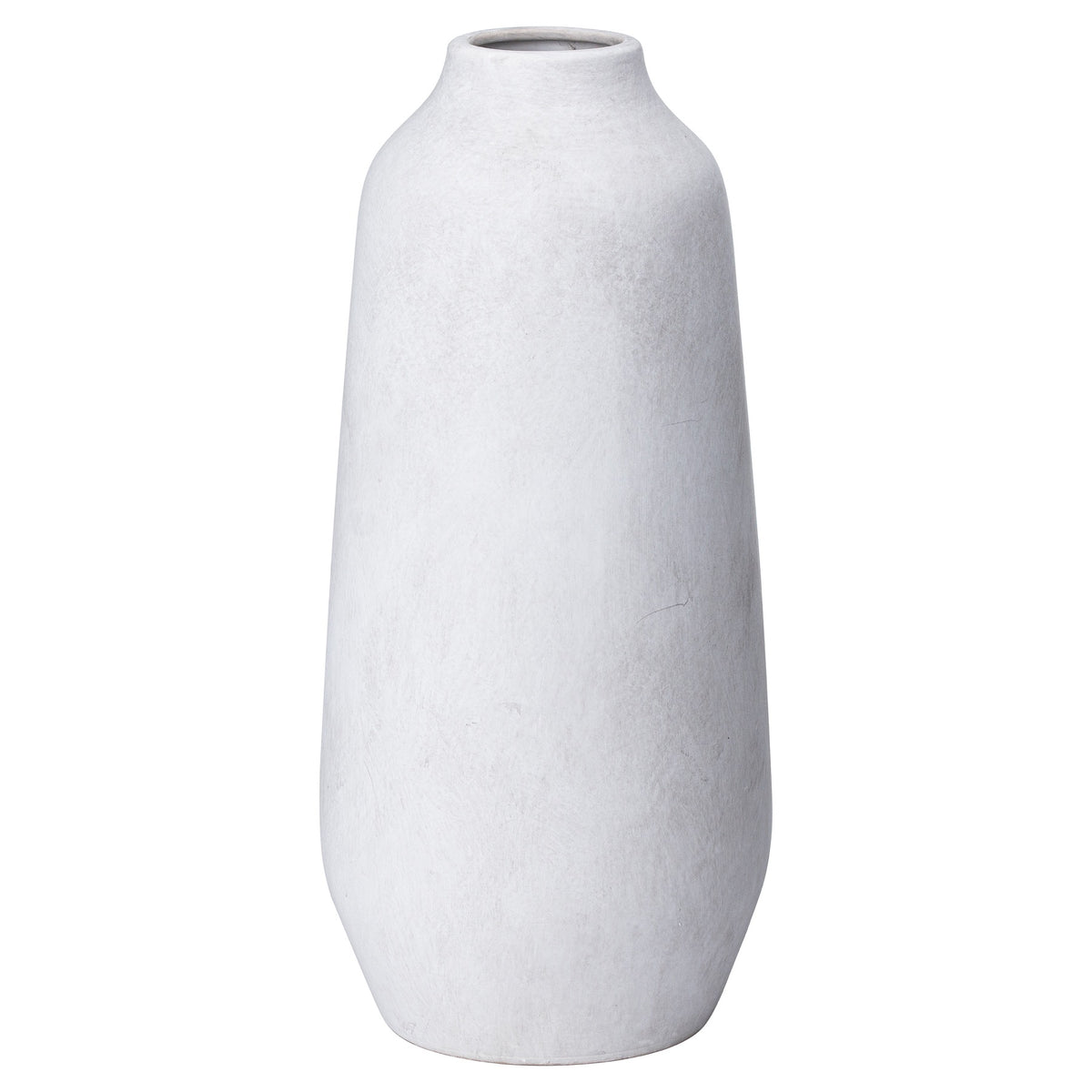 Tall pale vase on a white background, with softly rounded shoulders, a short narrow neck and a faintly mottled surface.