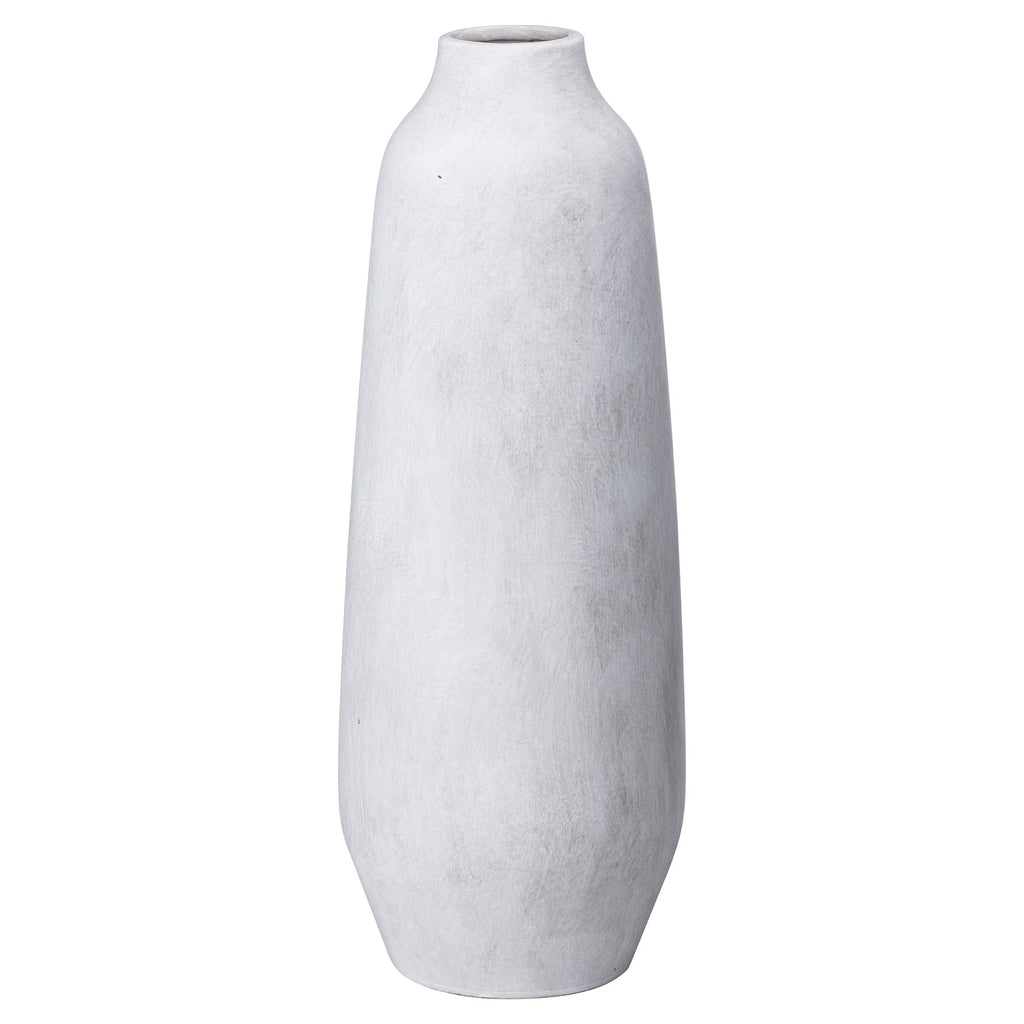 Pale stone-grey vase on a white background, showing its small round mouth, sloping shoulders and elongated rounded body.