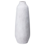 Pale stone-grey vase on a white background, showing its small round mouth, sloping shoulders and elongated rounded body.