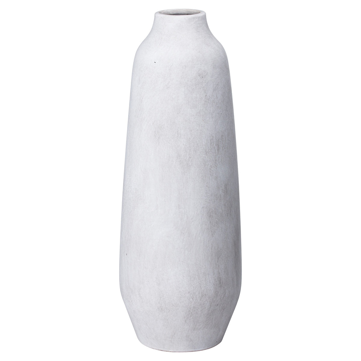 Pale stone-grey vase on a white background, showing its small round mouth, sloping shoulders and elongated rounded body.