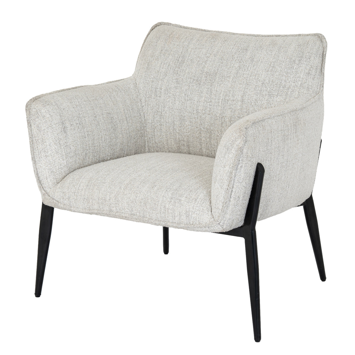 Three-quarter front view of the light cream-grey Soft Wing Occasional Chair, showing its curved back, broad arms and slender black legs.