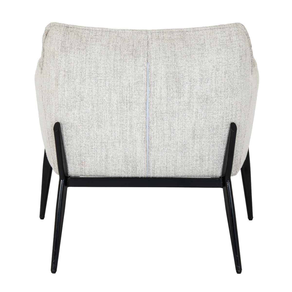 Rear view of the Soft Wing Occasional Chair, with pale textured upholstery, a central vertical fastening and a black frame beneath the back.