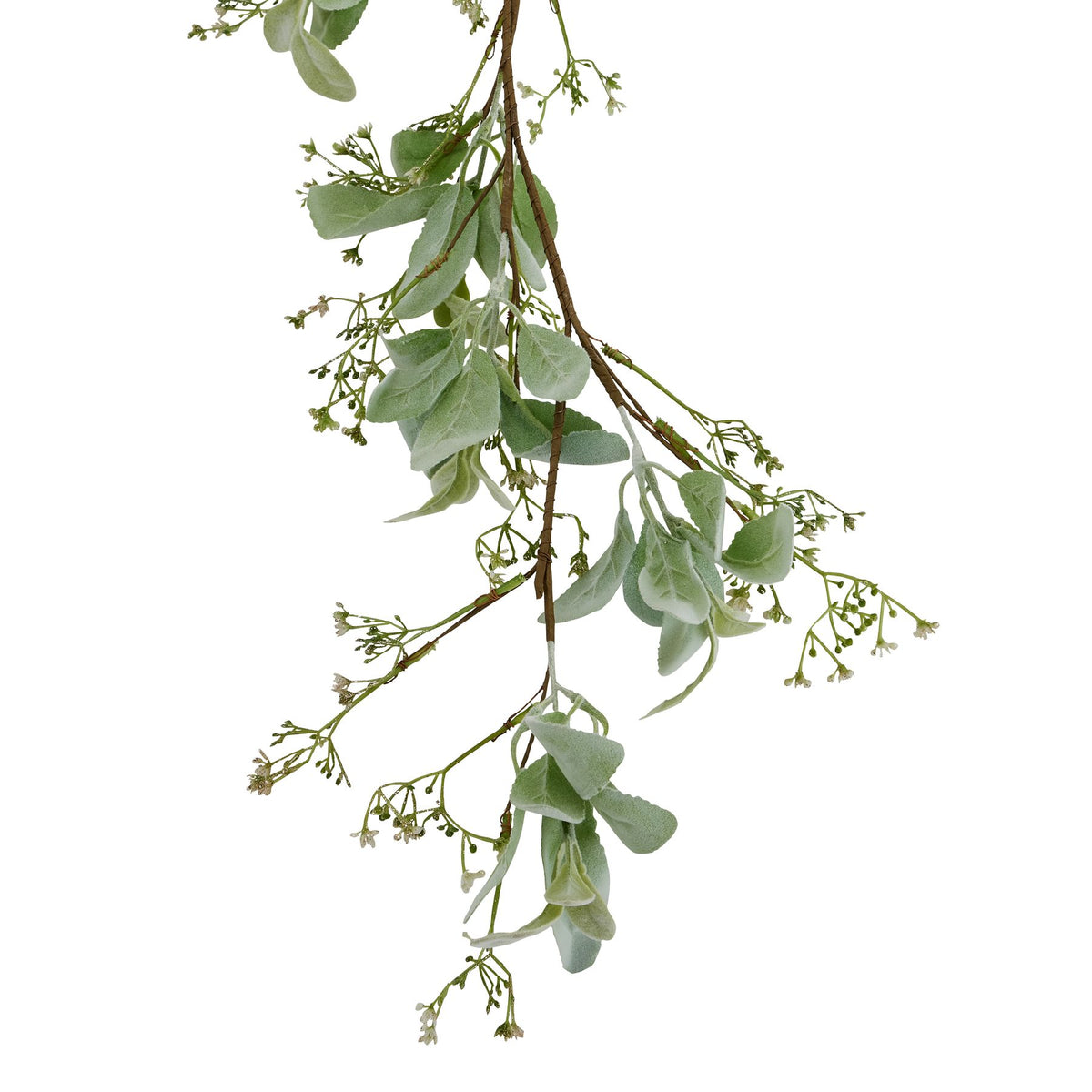 Close-up of the garland showing softly textured oval leaves, brown branching stems and tiny white flowers and buds.