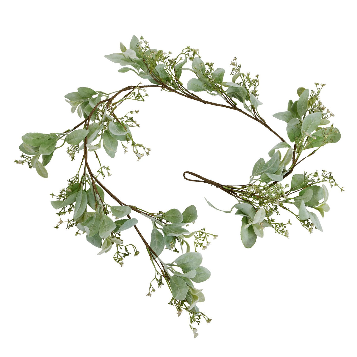 Softleaf Vine artificial foliage garland arranged in a loose curve on white, with sage-green leaves and fine white floral sprays.