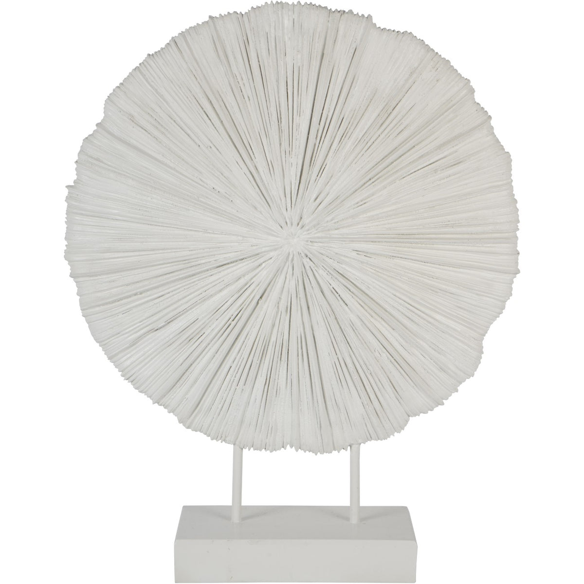 Front view of the white Solaris sculpture, with radiating ridges, a scalloped disc and two supports above a rectangular plinth.