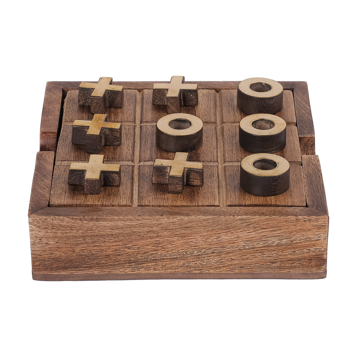 Front angled view of the wooden noughts and crosses set with five gold-faced crosses and four rings on the engraved grid.