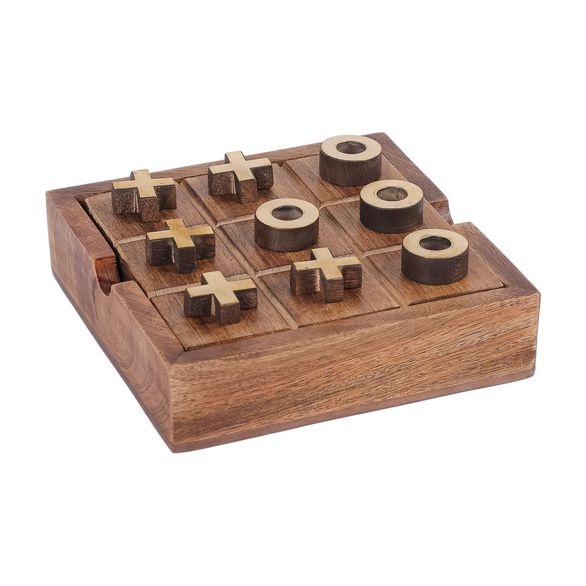 Three-quarter view of the noughts and crosses set showing thick playing pieces, wood grain and a notch in the case rim.
