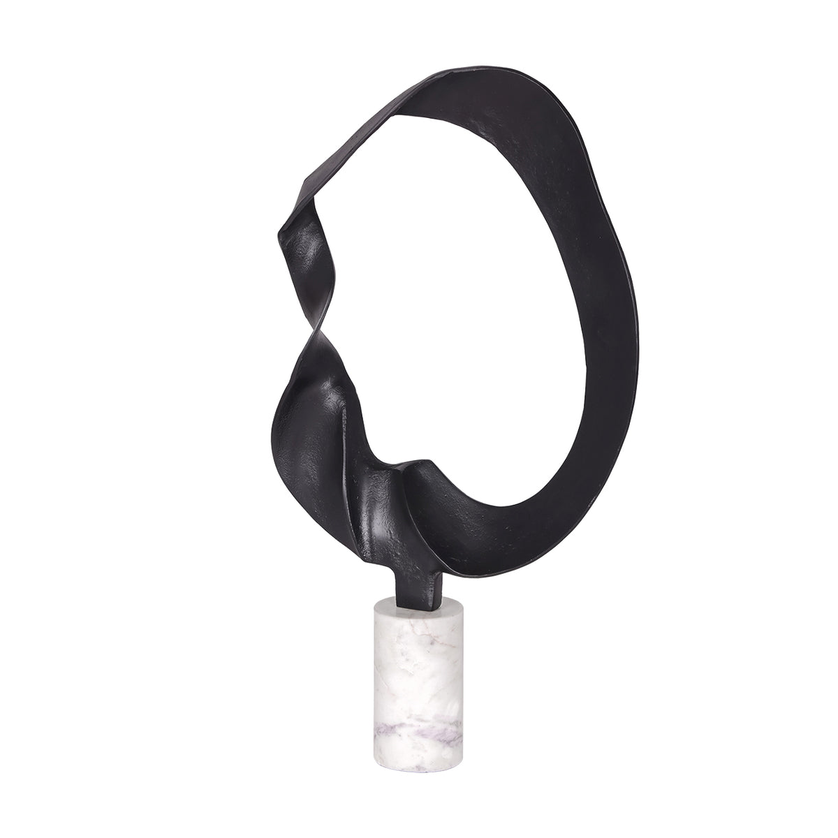 Large black loop sculpture viewed at an angle, with ribbon twists on the left and a veined white marble cylindrical base.