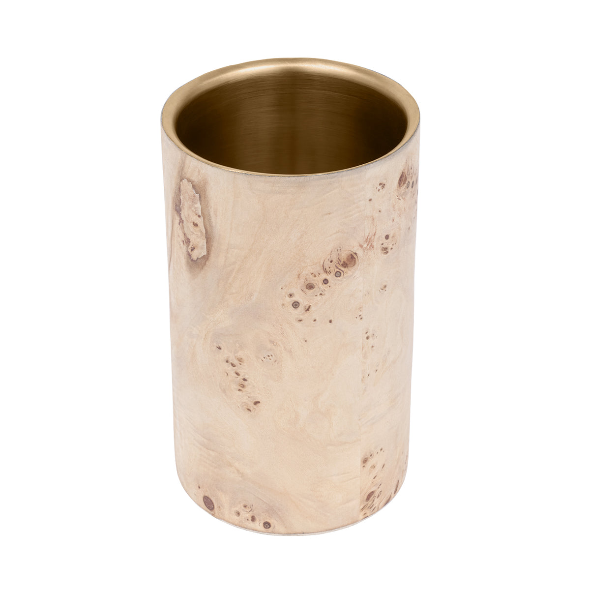 Elevated view of the wine cooler showing its brass-coloured interior and cream veneer with brown knots.