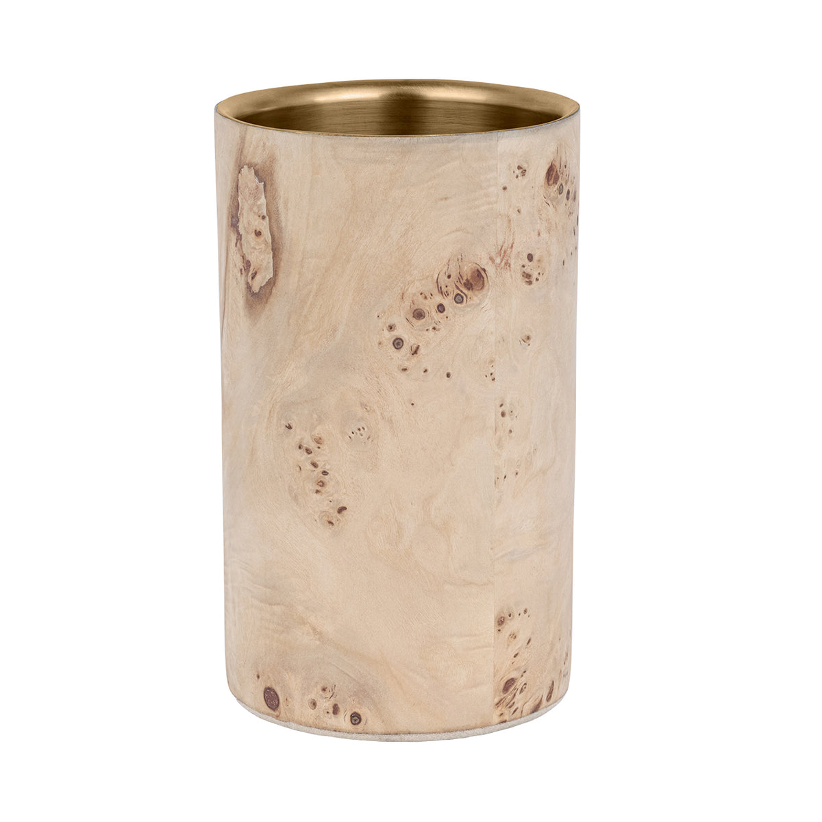 Sommelier Wine Cooler with a tall cylindrical burl veneer body and brass-coloured open rim on a white background.