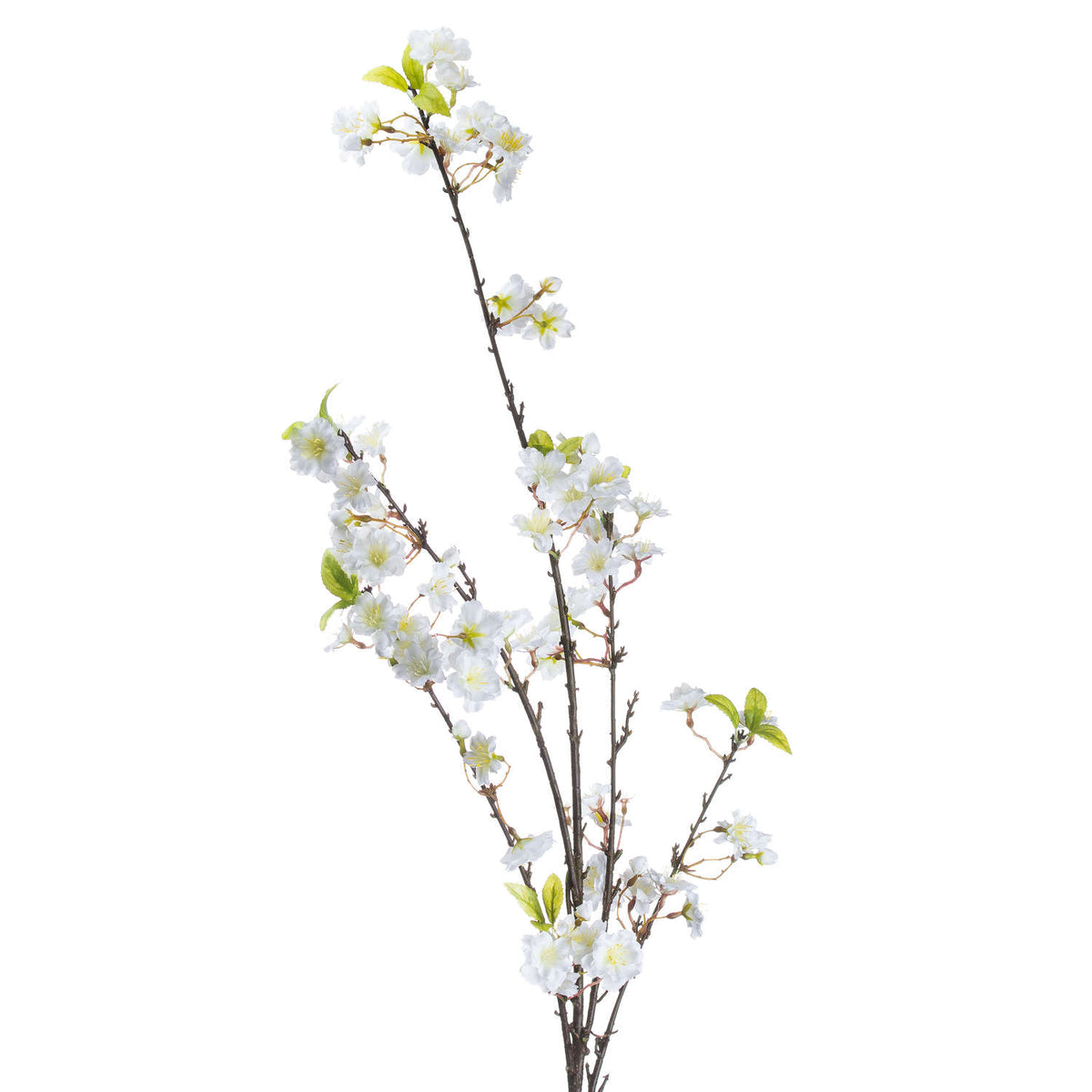 Close view of the artificial spray's upper branches, showing layered white blossoms with pale centres, small buds and pointed green leaves along slender dark-brown stems.