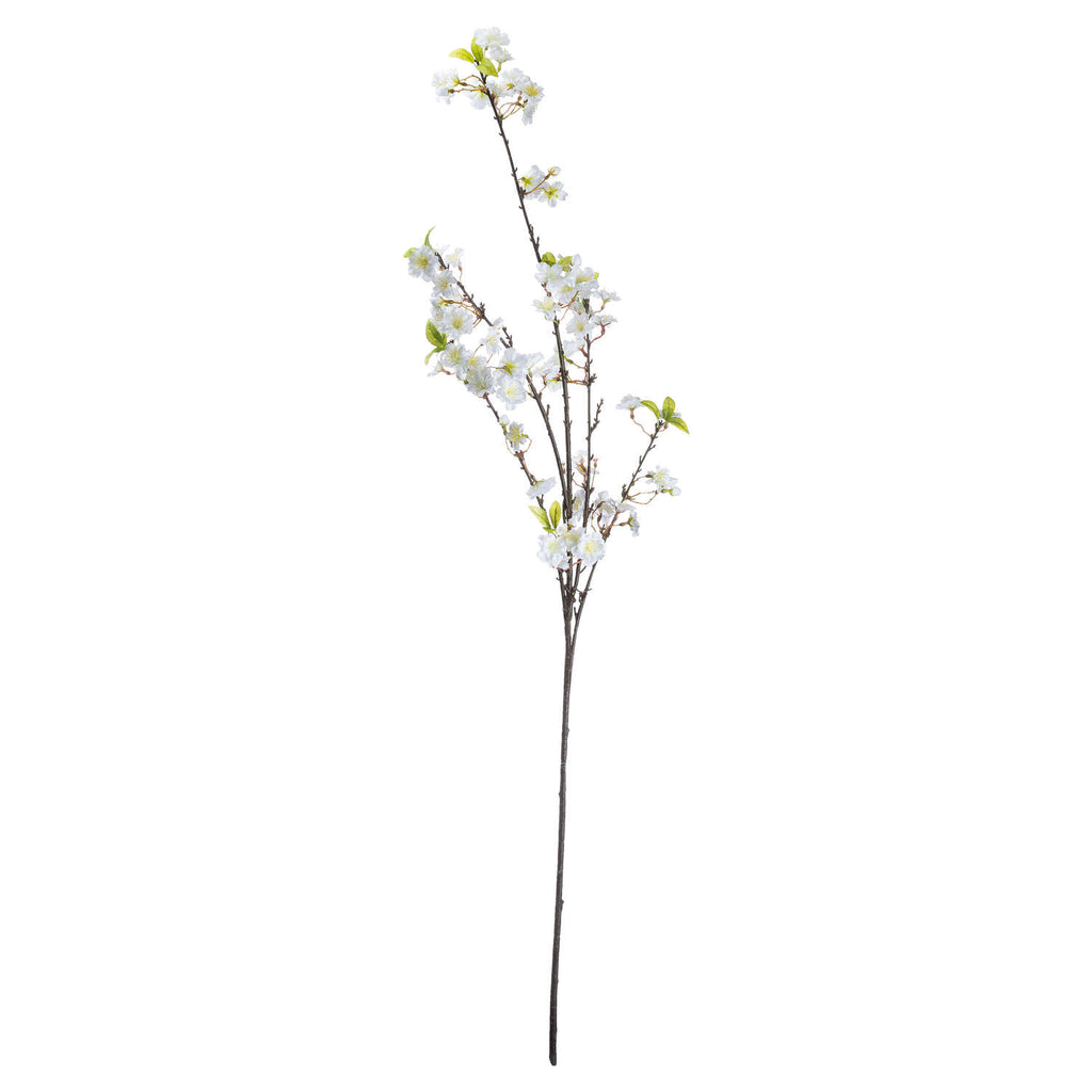 Full-length artificial blossom spray on a white background, with a long dark-brown stem branching into clusters of small white flowers and scattered green leaves.