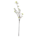 Full-length artificial blossom spray on a white background, with a long dark-brown stem branching into clusters of small white flowers and scattered green leaves.