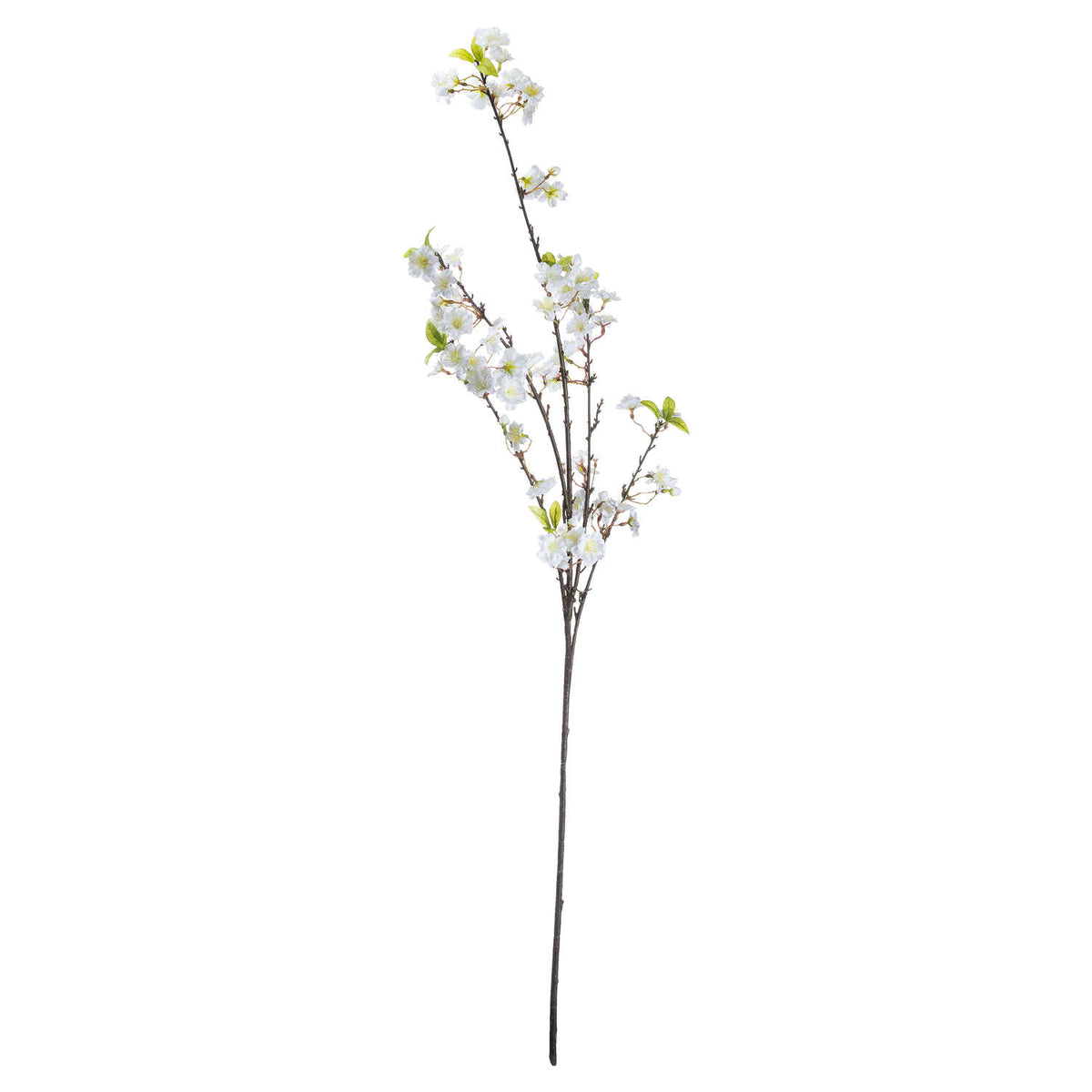 Full-length artificial blossom spray on a white background, with a long dark-brown stem branching into clusters of small white flowers and scattered green leaves.