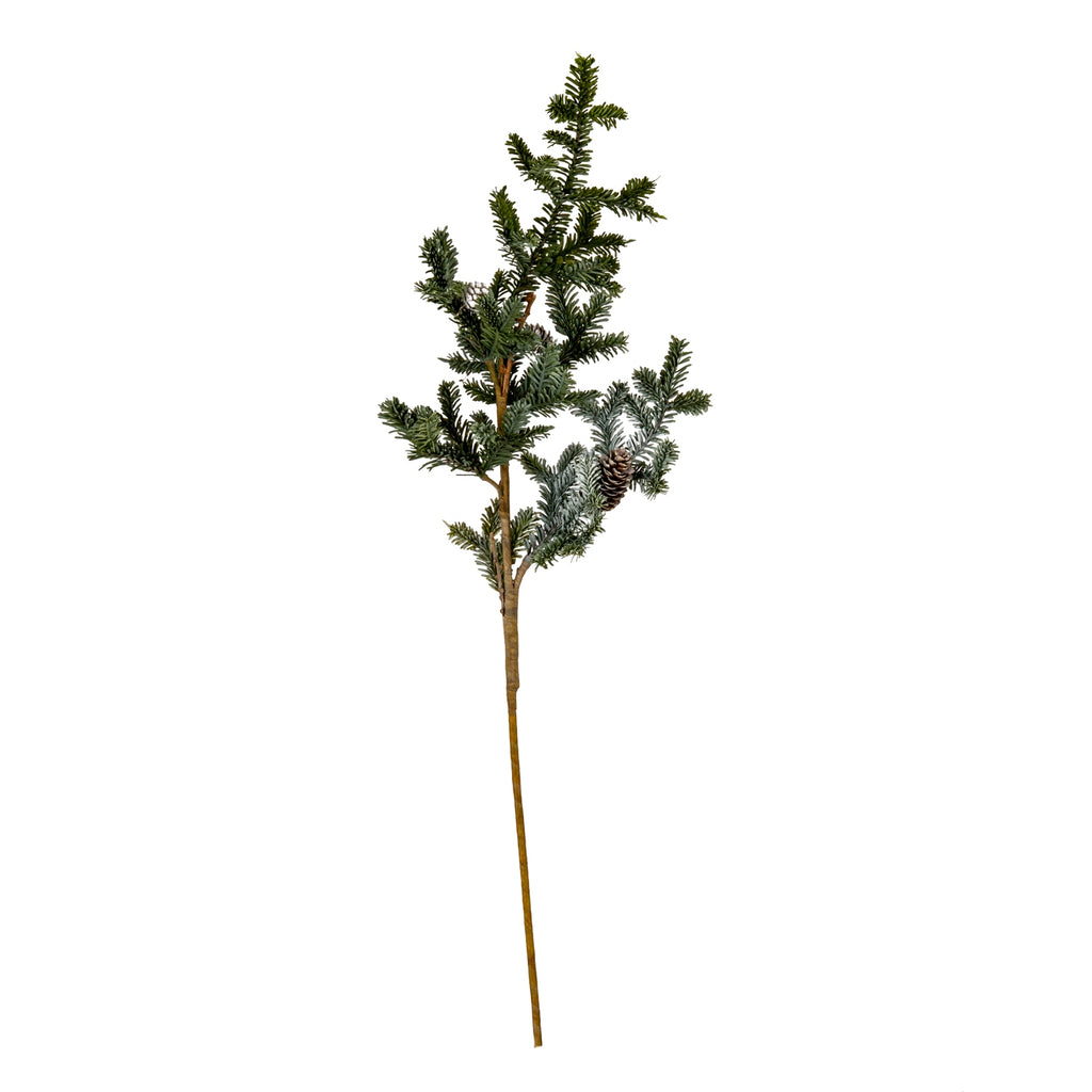Full view of an artificial botanical spray with a long brown stem, sparse green fir-like branches and visible pinecones against white.