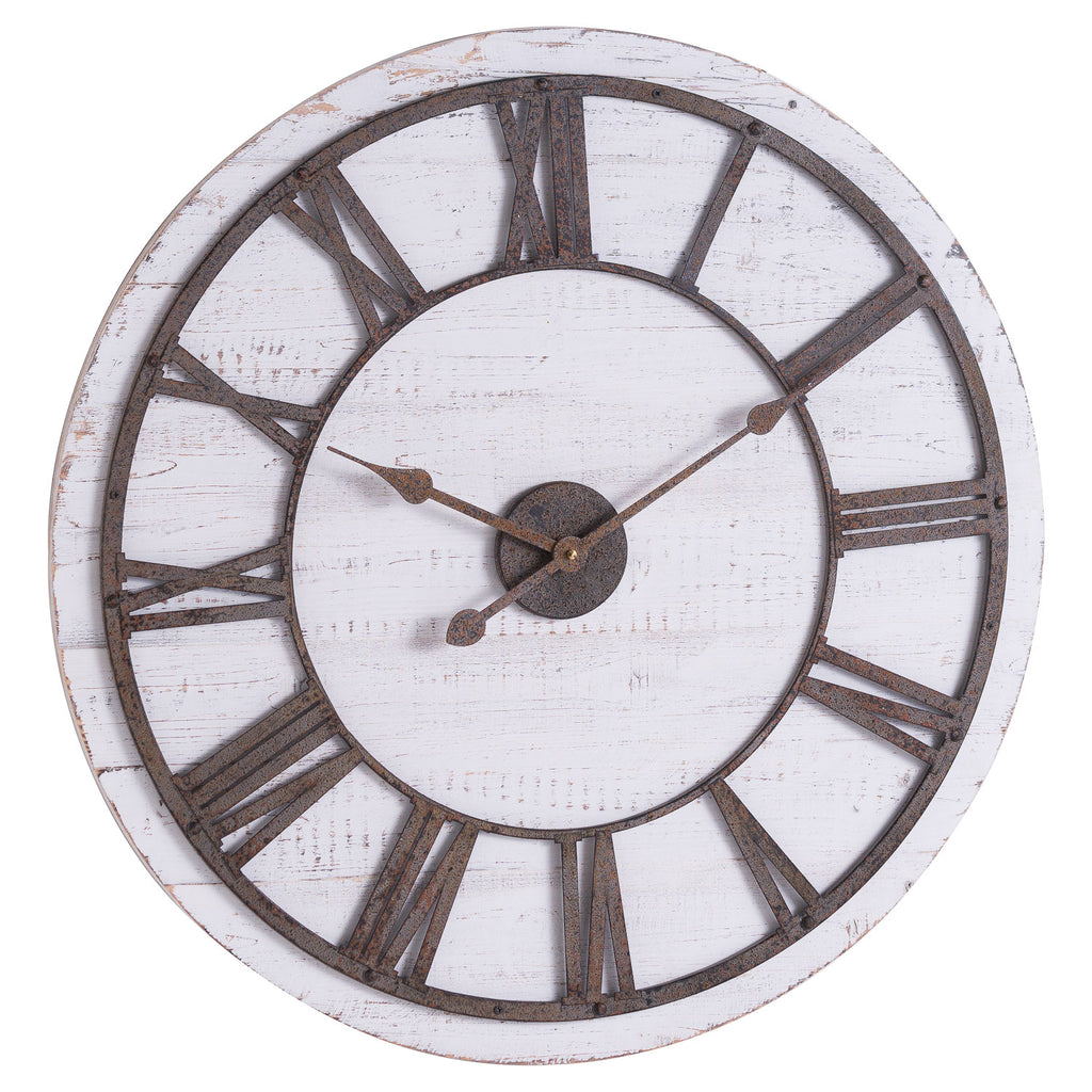 Round wall clock with a distressed whitewashed face, an open rust-brown Roman numeral ring and ornate spear-ended hands.