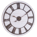 Round wall clock with a distressed whitewashed face, an open rust-brown Roman numeral ring and ornate spear-ended hands.