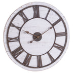 Round wall clock with a distressed whitewashed face, an open rust-brown Roman numeral ring and ornate spear-ended hands.