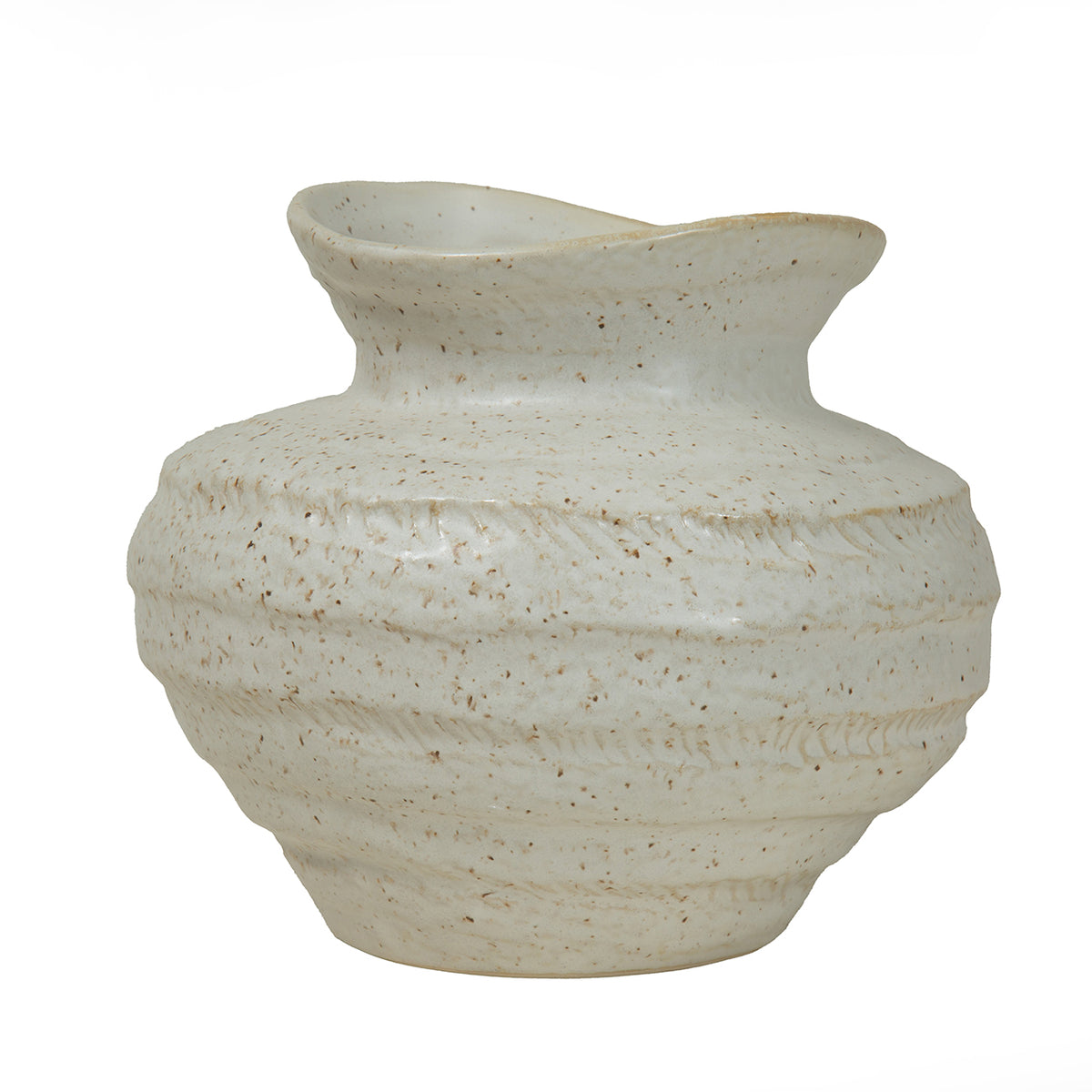 Front view of a rounded ivory ceramic vase with brown speckles, textured horizontal bands and an uneven flared rim.