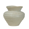 Front view of an ivory speckled vase with a rounded body, irregular horizontal bands and a flared neck.