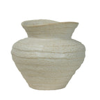 Front view of an ivory speckled vase with a rounded body, irregular horizontal bands and a flared neck.