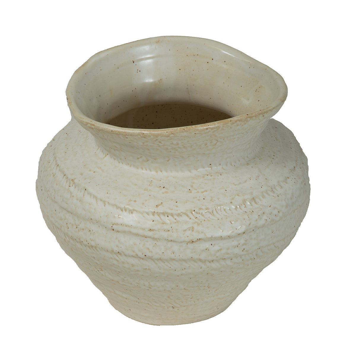 Angled view of the ceramic vase showing its wide opening, speckled interior and textured rounded shoulders.