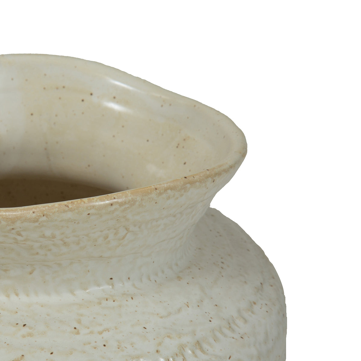 Close-up of the flared neck and gently uneven rim, showing ivory glaze and small brown speckles.
