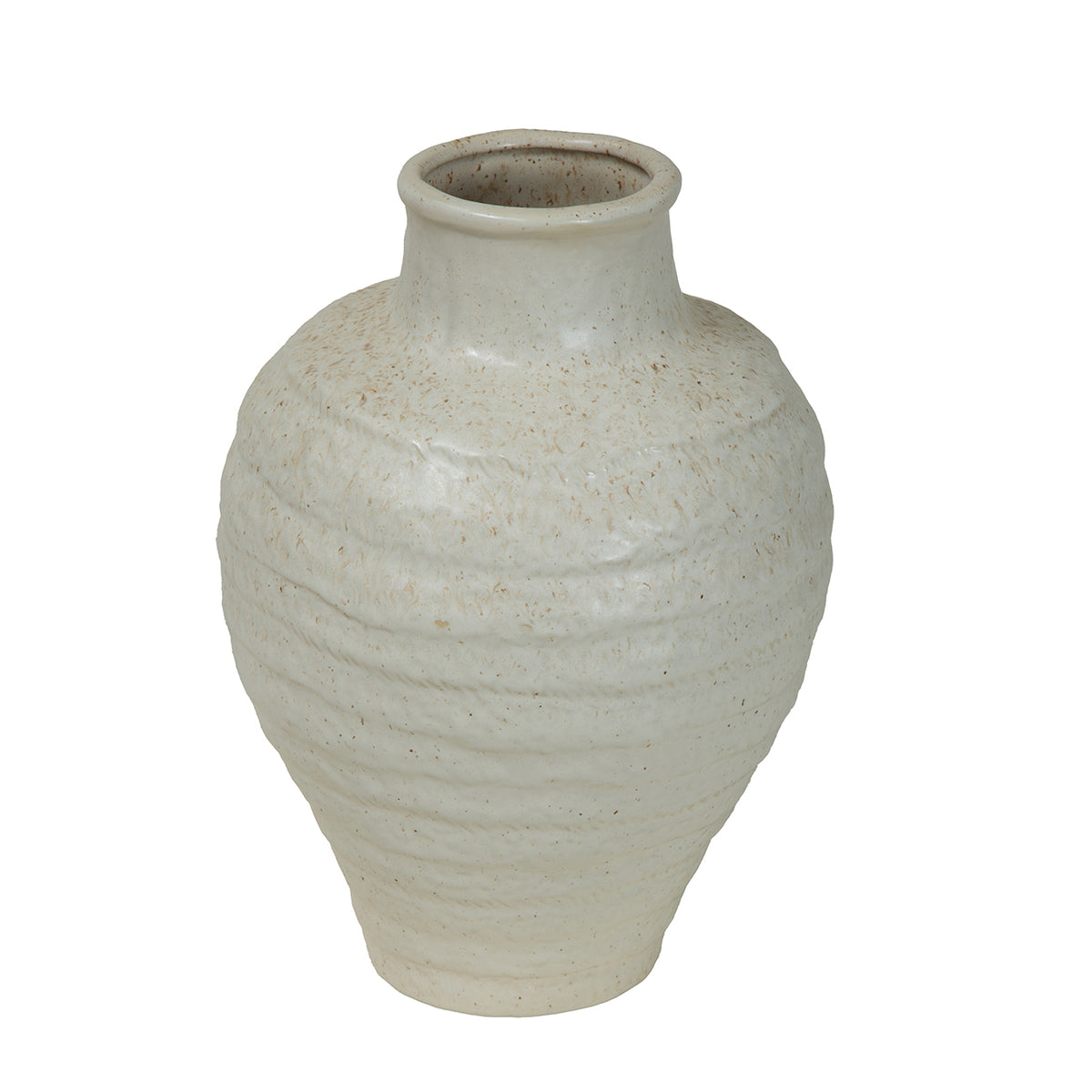 Angled view of the speckled ivory vase showing its open short neck, rolled rim and textured shoulders.