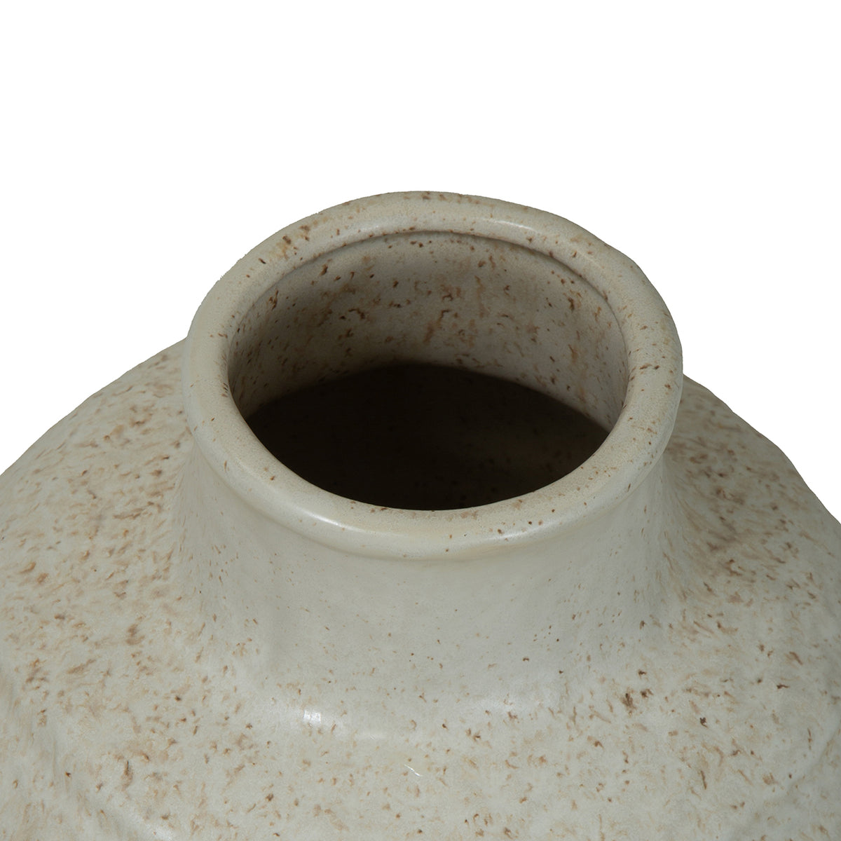 View down into the vase opening, showing the rounded rolled rim and speckled glaze inside the neck.
