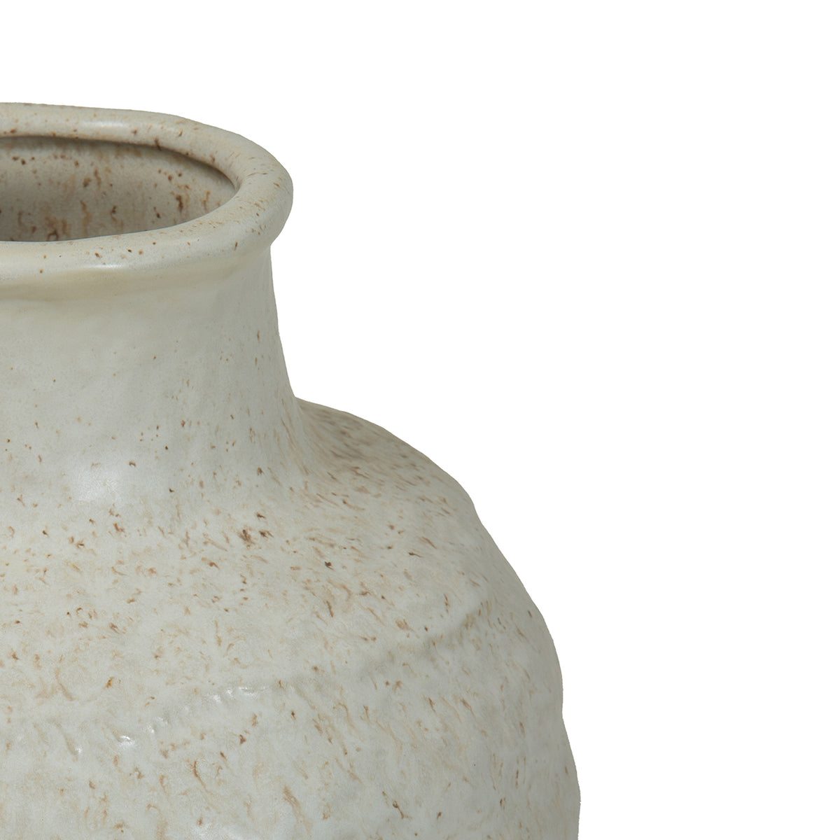 Close-up of the ivory vase's rolled rim, smooth short neck and textured shoulder with brown speckles.