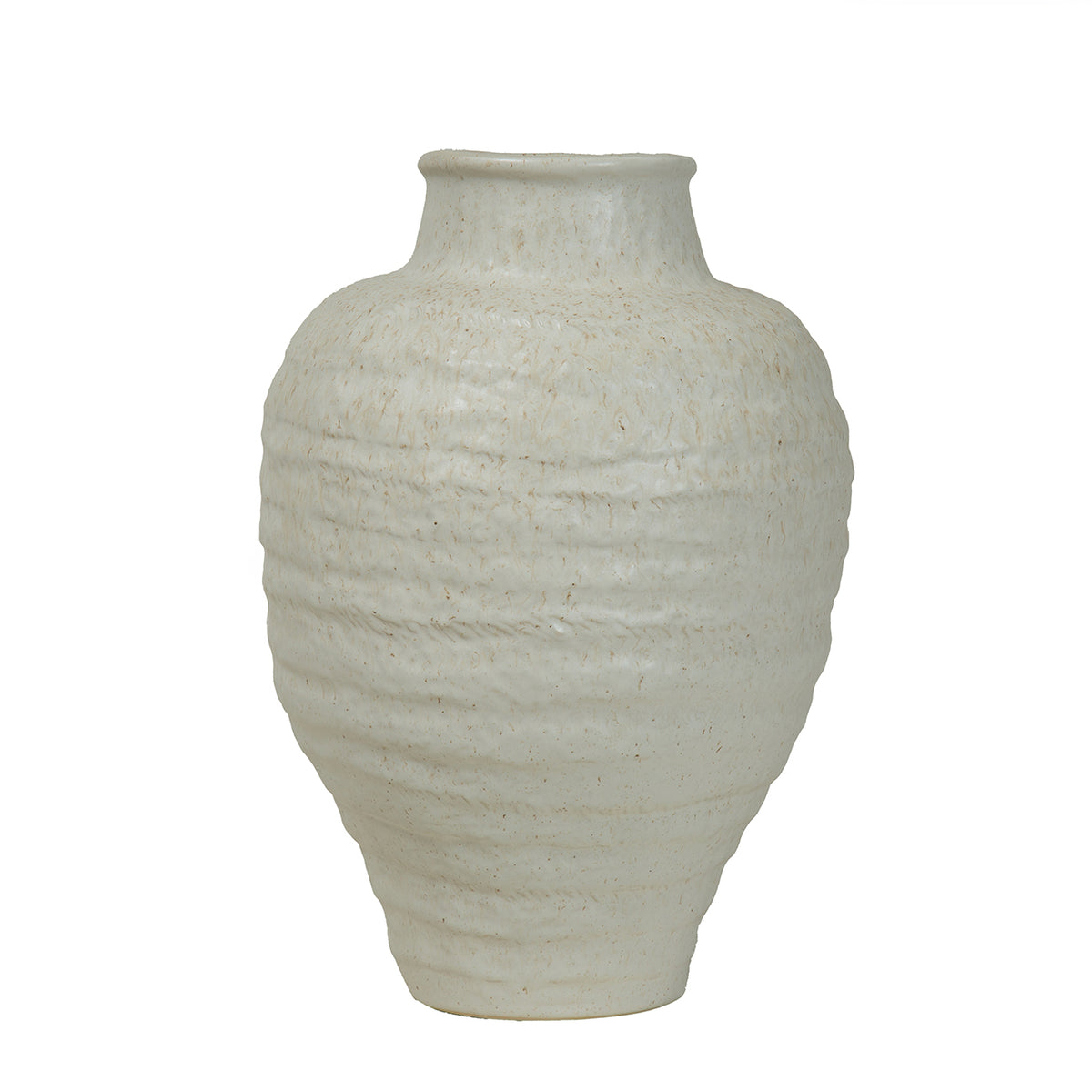 Front view of an ivory speckled vase with rounded shoulders, horizontal ridges and a tapered base on a white background.