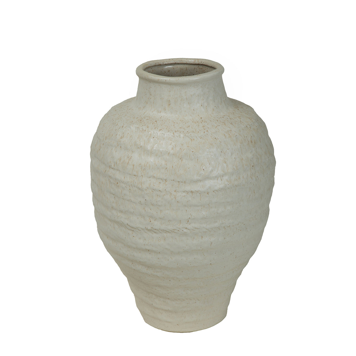 Angled view of the ivory ceramic vase showing its open neck, rolled rim and irregular bands around the body.
