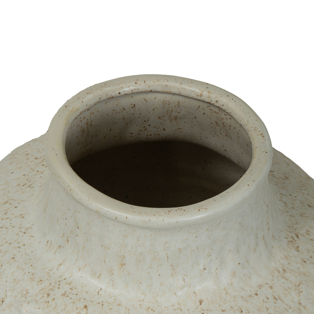 View into the vase's opening, showing a thick rolled rim and natural-toned speckles on the inner neck.
