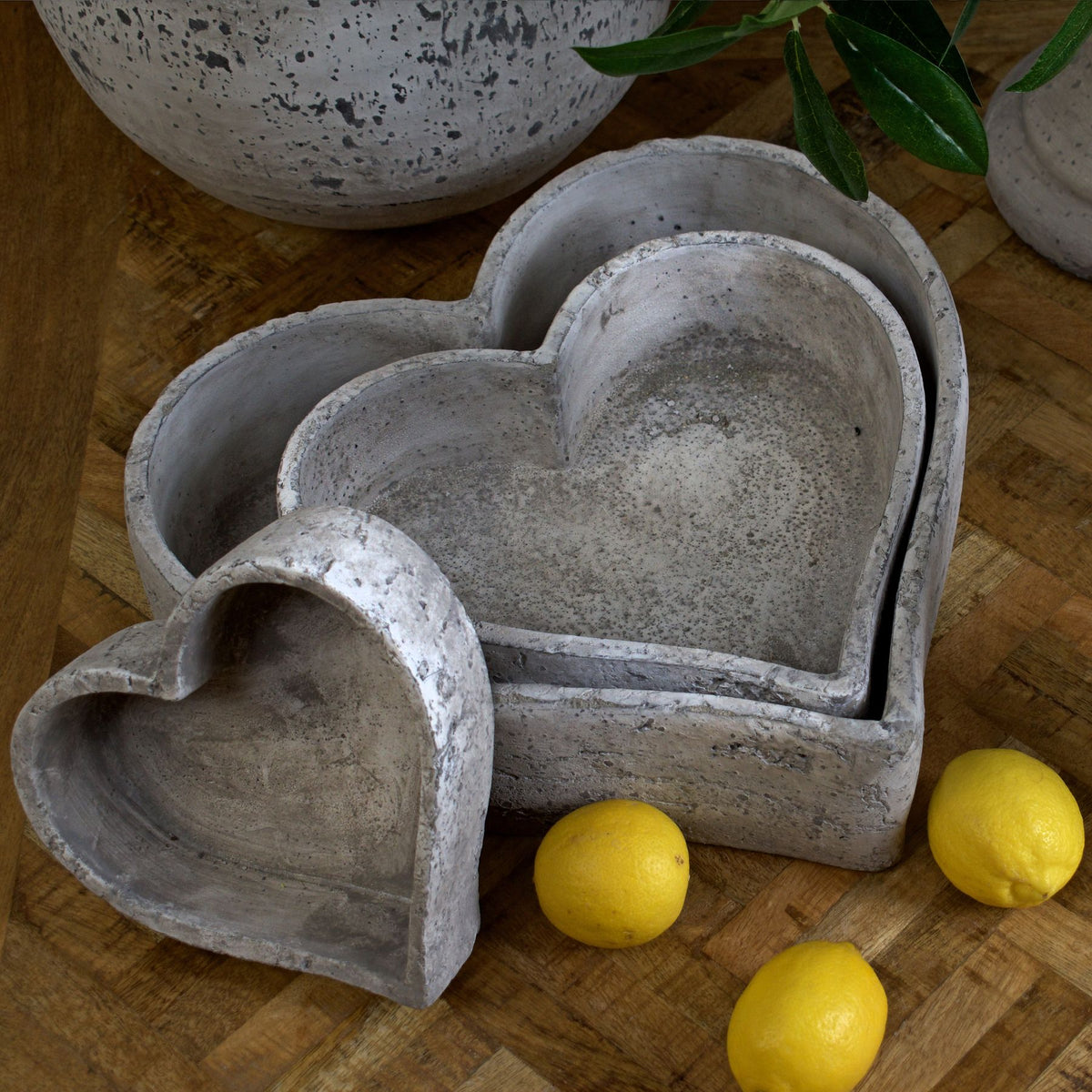 Two grey heart-shaped dishes nested on a wooden surface with a smaller dish in front, surrounded by lemons, green leaves and mottled vessels.