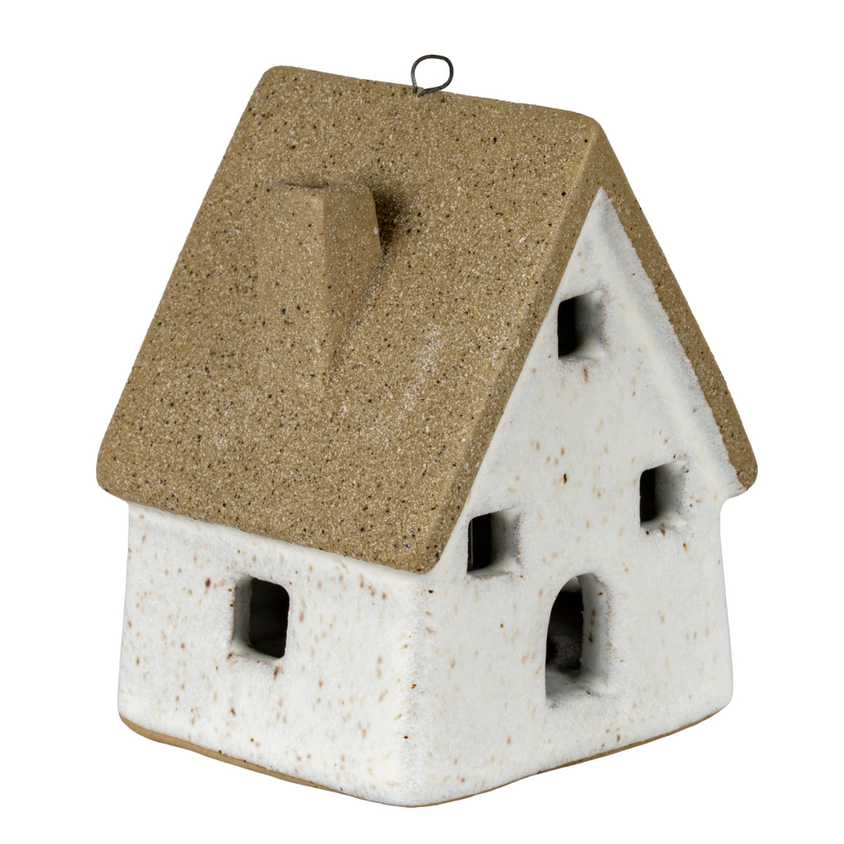 Opposite three-quarter view of the speckled cottage decoration, showing the small roof chimney, dark ridge loop and open windows.