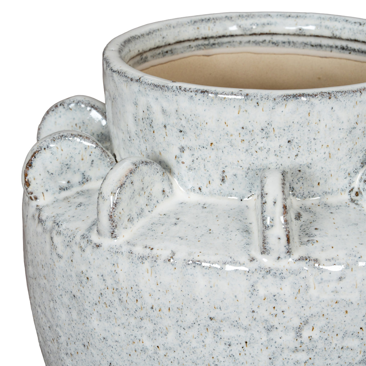 Close detail of the vase neck and rounded shoulder fins, with dark speckles and brown accents along their curved edges.