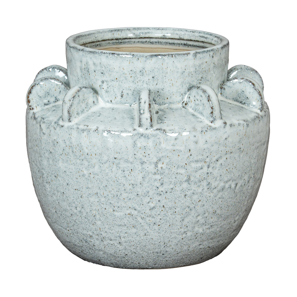 Pale blue-grey speckled vase with a rounded body, raised neck and a ring of upright rounded fins, shown against white.