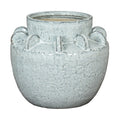 Pale blue-grey speckled vase with a rounded body, raised neck and a ring of upright rounded fins, shown against white.