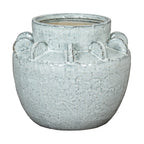 Pale blue-grey speckled vase with a rounded body, raised neck and a ring of upright rounded fins, shown against white.