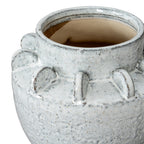 Angled close-up of the vase opening and shoulder fins, showing the beige interior and glossy grey and brown flecked glaze.