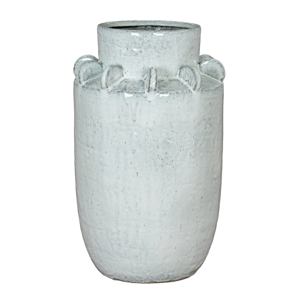 Tall pale blue-grey and white speckled vase with a raised cylindrical neck and rounded fins around the shoulder, shown against white.