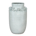 Tall pale blue-grey and white speckled vase with a raised cylindrical neck and rounded fins around the shoulder, shown against white.